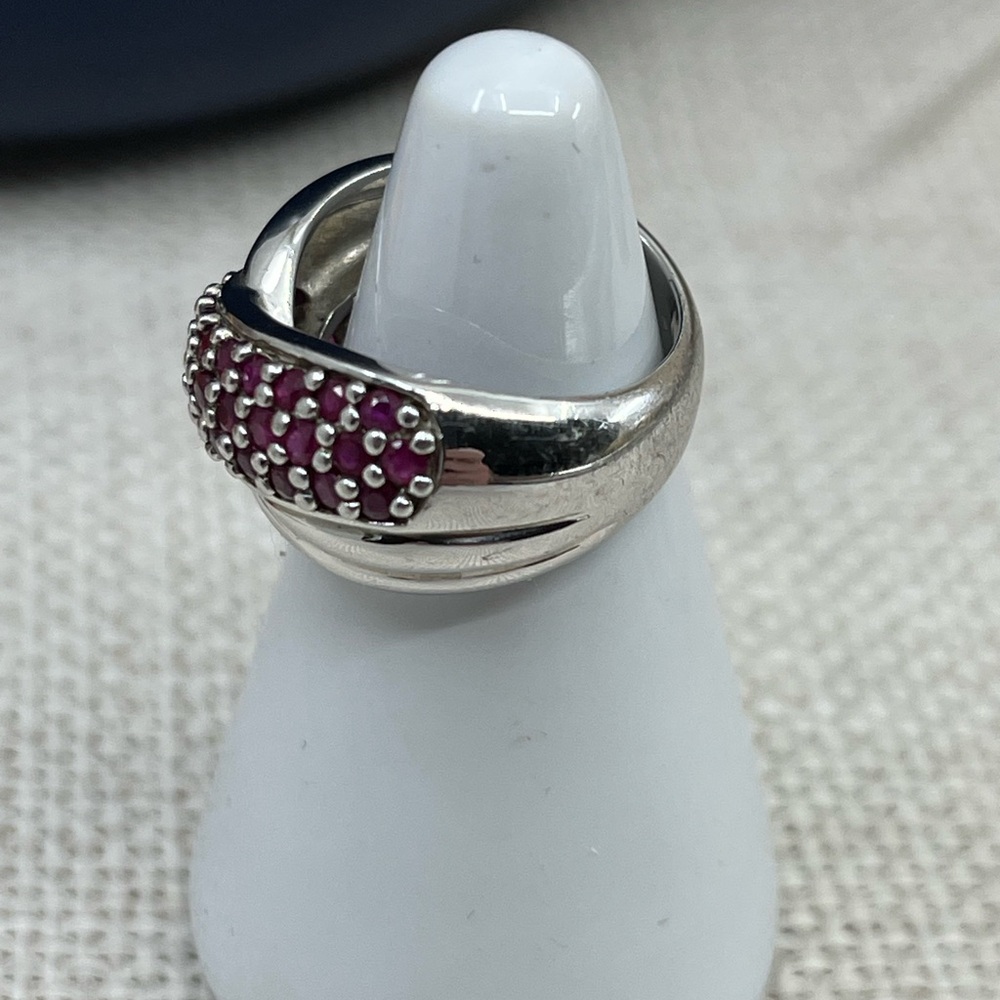 Vintage Estate Sterling Silver Wide Band Ring, Ruby Color Stones Size 5.75 - Picture 12 of 15